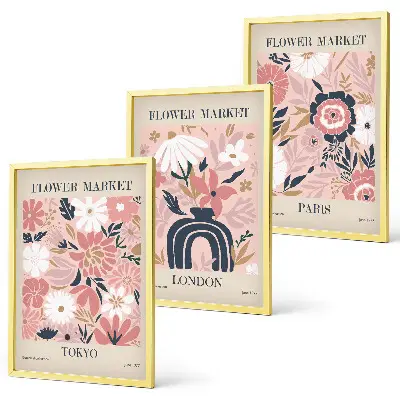 Conjunto de quadros para sala de estar com motivos florais de Tóquio, Londres e Paris