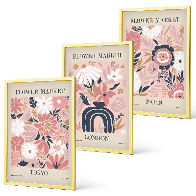 Conjunto de quadros para sala de estar Motivos florais Tóquio Londres Paris