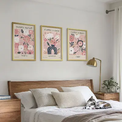 Conjunto de quadros para sala de estar com motivos florais de Tóquio, Londres e Paris