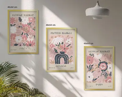 Conjunto de quadros para sala de estar com motivos florais de Tóquio, Londres e Paris