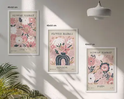 Conjunto de quadros para sala de estar com motivos florais de Tóquio, Londres e Paris
