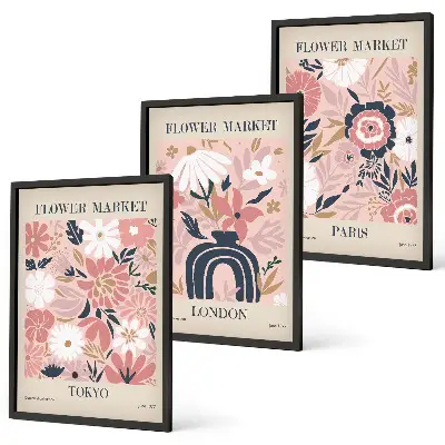 Conjunto de quadros para sala de estar com motivos florais de Tóquio, Londres e Paris