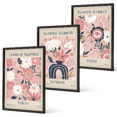 Conjunto de quadros para sala de estar Motivos florais Tóquio Londres Paris