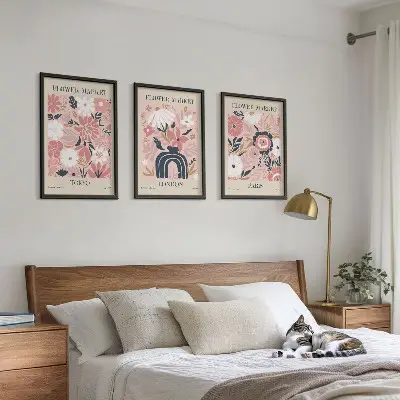 Conjunto de quadros para sala de estar com motivos florais de Tóquio, Londres e Paris