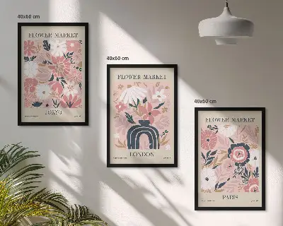 Conjunto de quadros para sala de estar com motivos florais de Tóquio, Londres e Paris