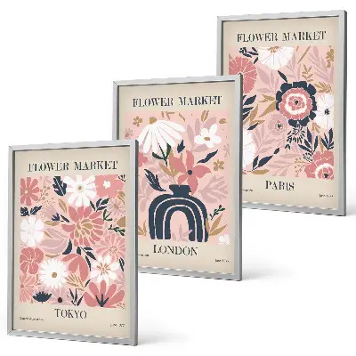 Conjunto de quadros para sala de estar com motivos florais de Tóquio, Londres e Paris
