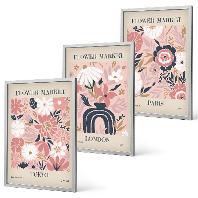 Conjunto de quadros para sala de estar Motivos florais Tóquio Londres Paris