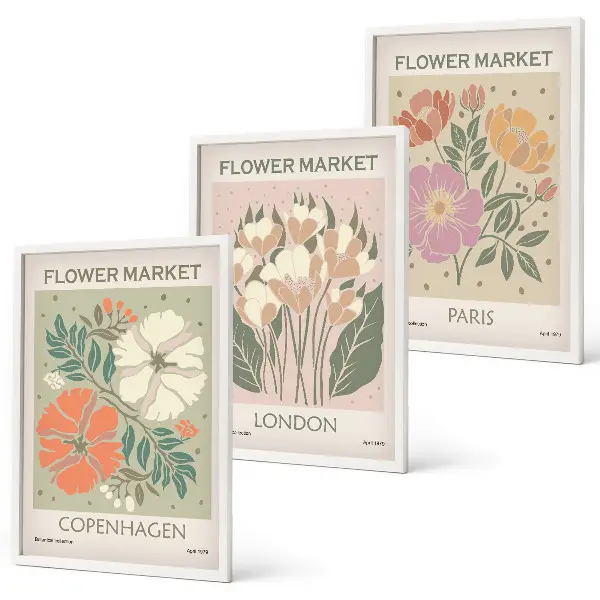Composição de quadros moderna com cartazes florais de Copenhague, Londres e Paris