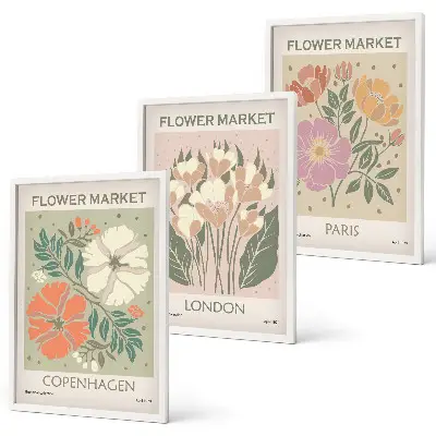 Composição de quadros moderna com cartazes florais de Copenhague, Londres e Paris