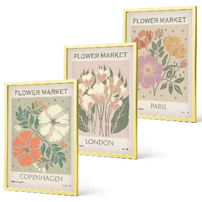 Composição de quadros moderna com cartazes florais de Copenhague, Londres e Paris