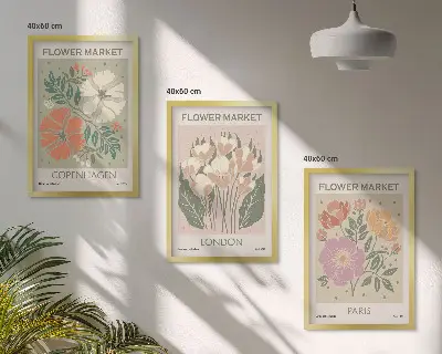 Composição de quadros moderna com cartazes florais de Copenhague, Londres e Paris