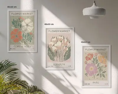 Composição de quadros moderna com cartazes florais de Copenhague, Londres e Paris