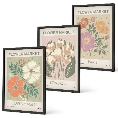 Composição de quadros moderna com cartazes florais de Copenhague, Londres e Paris
