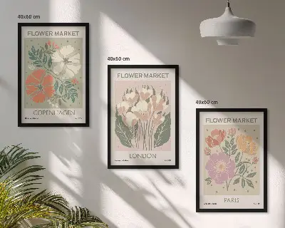 Composição de quadros moderna com cartazes florais de Copenhague, Londres e Paris