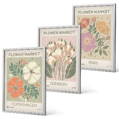 Composição de quadros moderna com cartazes florais de Copenhague, Londres e Paris