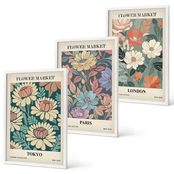 Conjunto de 3 quadros com moldura de pôsteres com estampas de flores de Tóquio, Paris e Londres
