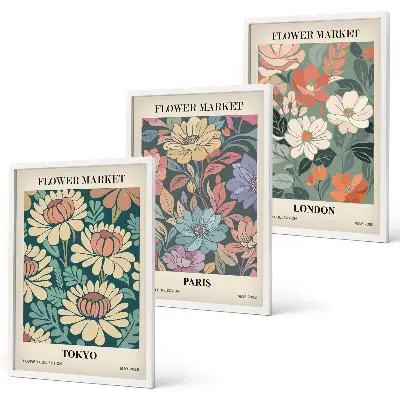 Conjunto de 3 quadros com moldura de pôsteres com estampas de flores de Tóquio, Paris e Londres
