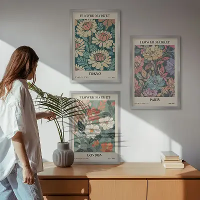 Conjunto de 3 quadros com moldura de pôsteres com estampas de flores de Tóquio, Paris e Londres