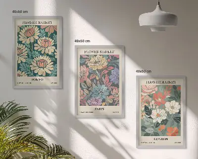 Conjunto de 3 quadros com moldura de pôsteres com estampas de flores de Tóquio, Paris e Londres