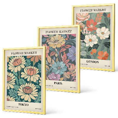Conjunto de 3 quadros com moldura Pôsteres de flores Tóquio Paris Londres