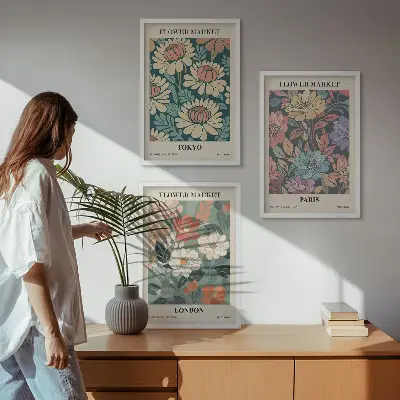 Conjunto de 3 quadros com moldura de pôsteres com estampas de flores de Tóquio, Paris e Londres