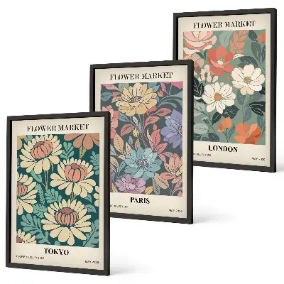 Conjunto de 3 quadros com moldura de pôsteres com estampas de flores de Tóquio, Paris e Londres