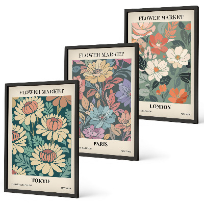 Conjunto de 3 quadros com moldura Pôsteres de flores Tóquio Paris Londres