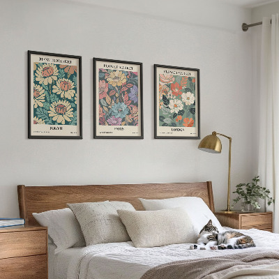 Conjunto de 3 quadros com moldura Pôsteres de flores Tóquio Paris Londres