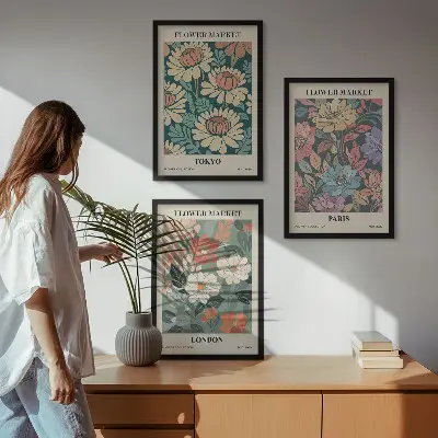 Conjunto de 3 quadros com moldura de pôsteres com estampas de flores de Tóquio, Paris e Londres