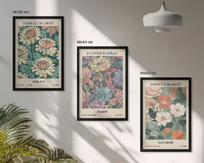Conjunto de 3 quadros com moldura de pôsteres com estampas de flores de Tóquio, Paris e Londres