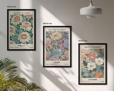 Conjunto de 3 quadros com moldura Pôsteres de flores Tóquio Paris Londres