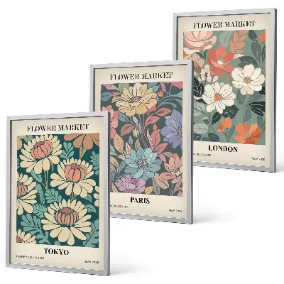 Conjunto de 3 quadros com moldura de pôsteres com estampas de flores de Tóquio, Paris e Londres