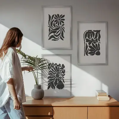 Conjunto de 3 quadros com moldura com padrões abstratos de plantas