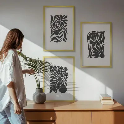 Conjunto de 3 quadros com moldura com padrões abstratos de plantas