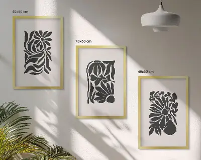 Conjunto de 3 quadros com moldura com padrões abstratos de plantas