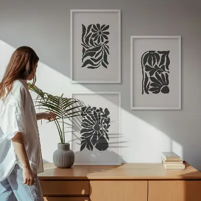 Conjunto de 3 quadros com moldura com padrões abstratos de plantas