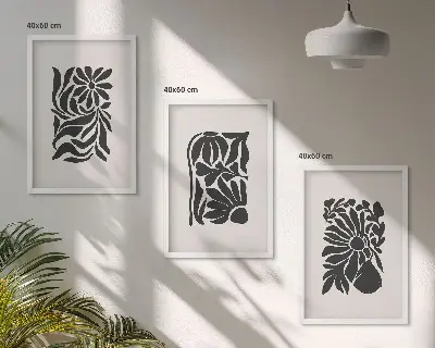 Conjunto de 3 quadros com moldura com padrões abstratos de plantas