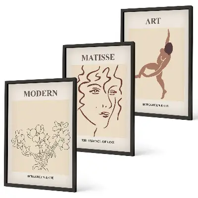 Composição de quadros moderna com gráficos elegantes de flores e personagens