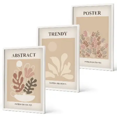 Conjunto de 3 quadros com moldura com motivos vegetais em tons de bege e marrom