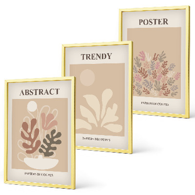 Conjunto de 3 quadros com moldura Motivos vegetais em tons de bege e marrom.