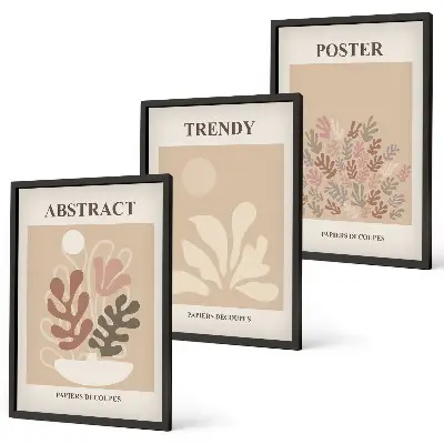 Conjunto de 3 quadros com moldura com motivos vegetais em tons de bege e marrom