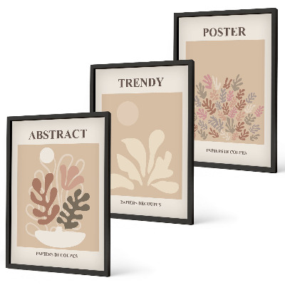 Conjunto de 3 quadros com moldura Motivos vegetais em tons de bege e marrom.