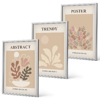 Conjunto de 3 quadros com moldura Motivos vegetais em tons de bege e marrom.