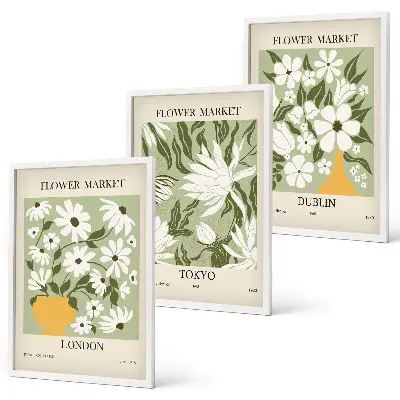 Conjunto de quadros para sala de estar com padrões florais de Londres, Tóquio e Dublin