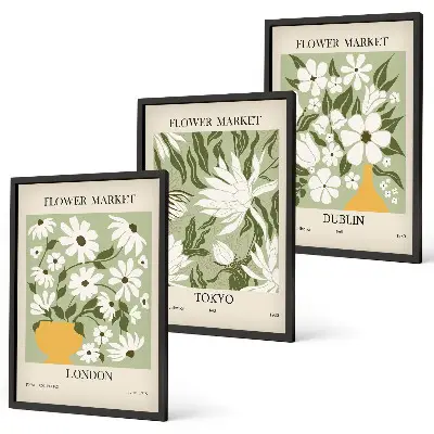 Conjunto de quadros para sala de estar com padrões florais de Londres, Tóquio e Dublin
