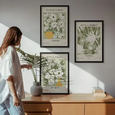Conjunto de quadros para sala de estar com padrões florais de Londres, Tóquio e Dublin
