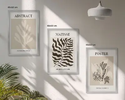 Conjunto de quadros para sala de estar com padrões de plantas em tons de bege e marrom