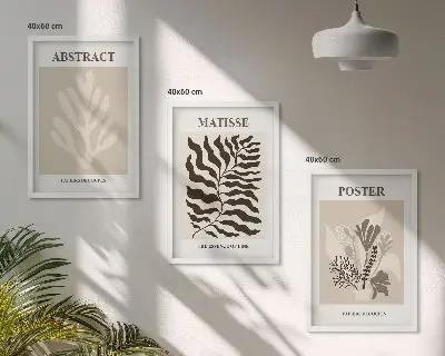 Conjunto de quadros para sala de estar com padrões de plantas em tons de bege e marrom