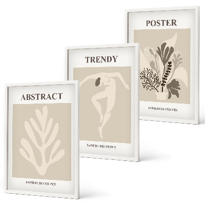 Conjunto de 3 quadros com moldura Estampas florais em tons de bege e marrom.