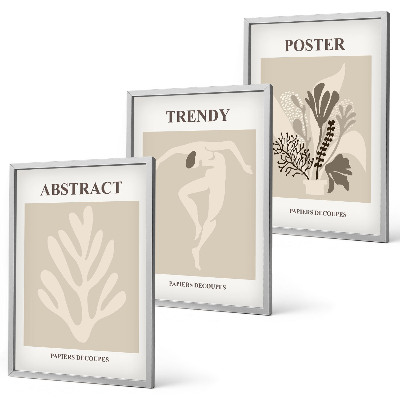 Conjunto de 3 quadros com moldura Estampas florais em tons de bege e marrom.
